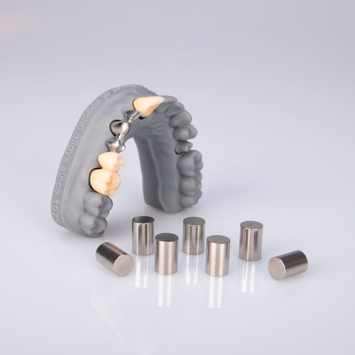 MESA MAGNUM Ceramic Co – metal-ceramic crowns on a model and alloy ingots (application example)