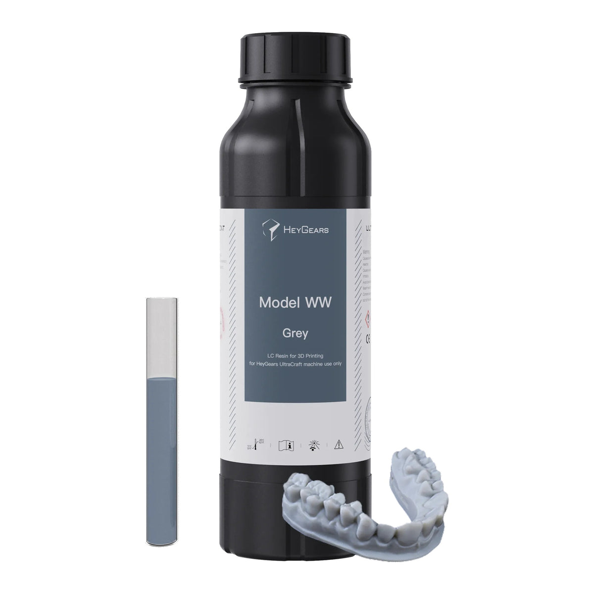 HeyGears UltraPrint Model WW gray water-washable model resin – bottle and printed model