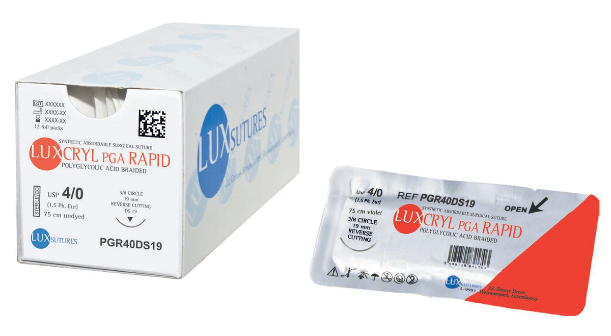 Luxsutures LUXCRYL PGA Rapid fast-absorbing braided suture box and foil pack