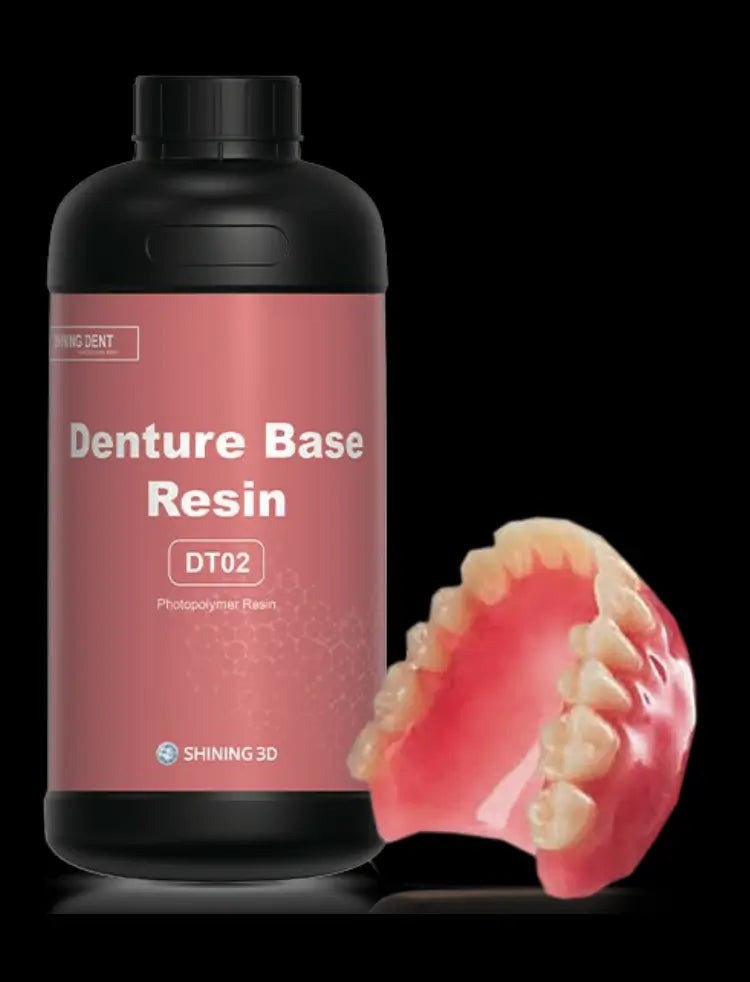 SHINING DENT DT02 denture base resin bottle and printed removable denture