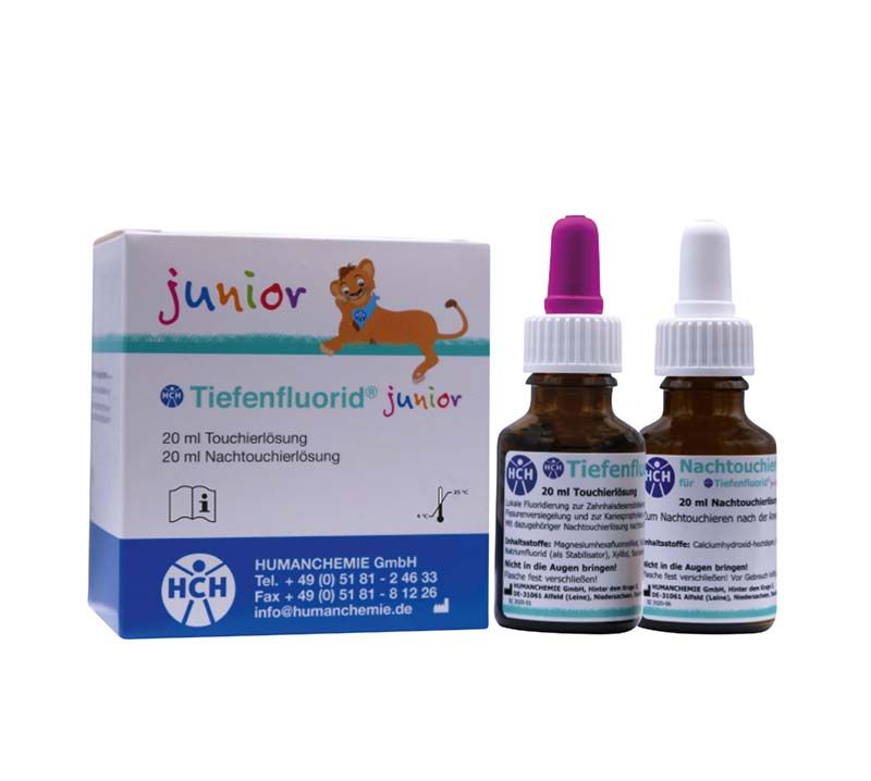 Humanchemie Tiefenfluorid junior 20 ml – aplikatsiooni- ja järellahus koos pakendiga