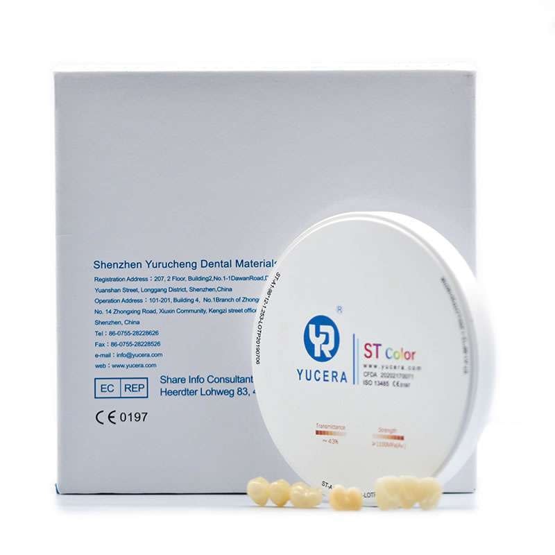 YUCERA ST Color zirconia disc with manufacturer packaging and milled crowns