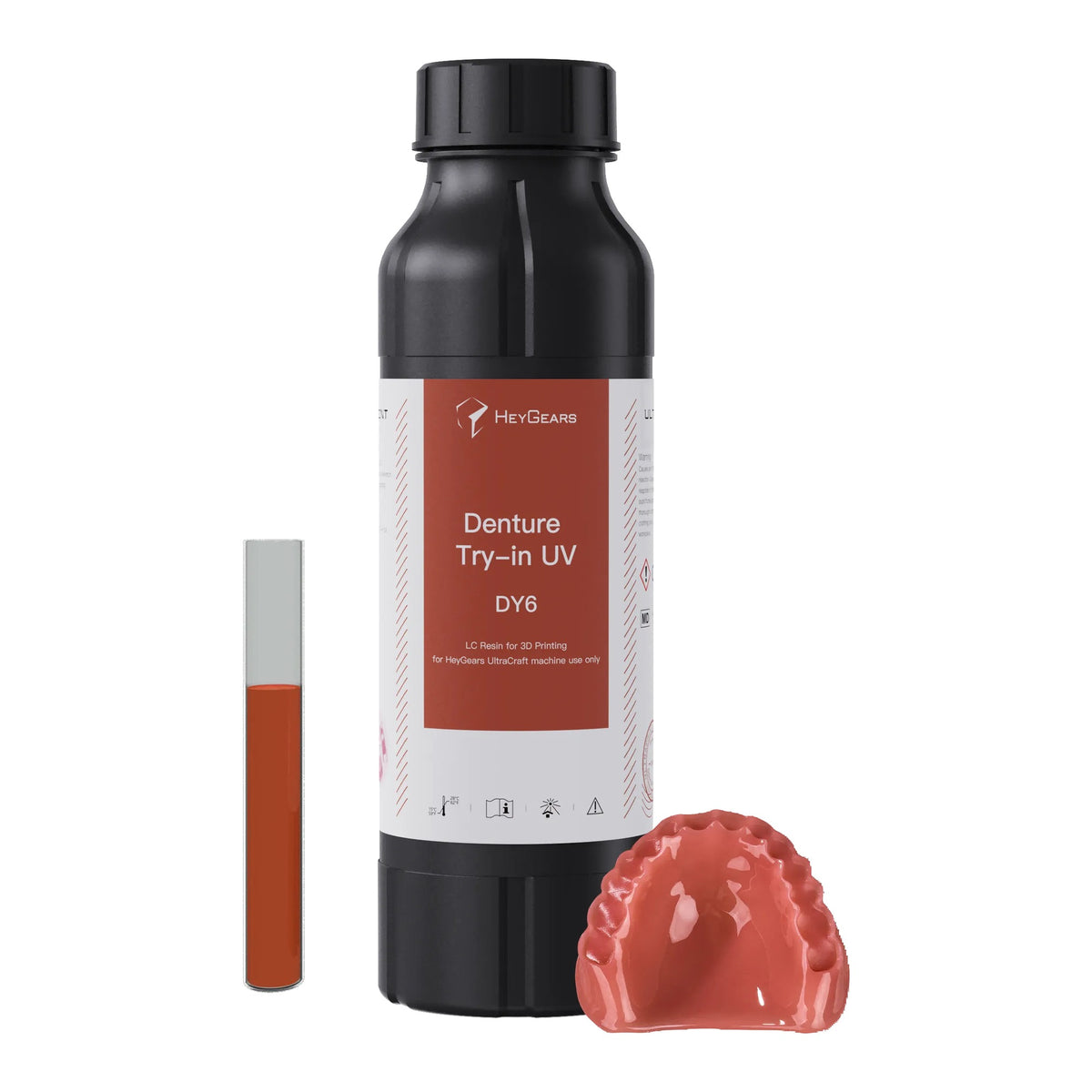 HeyGears UltraPrint Denture Try-in UV DY6 try-in denture resin – bottle and printed denture