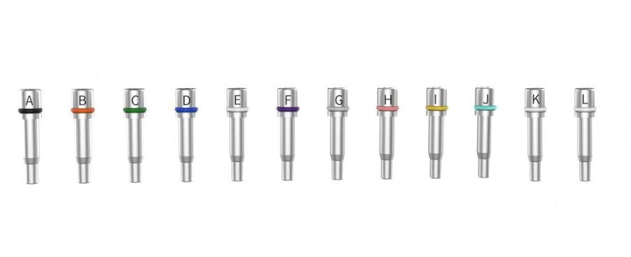 Shining 3D coded scan body screws A–L with color coding