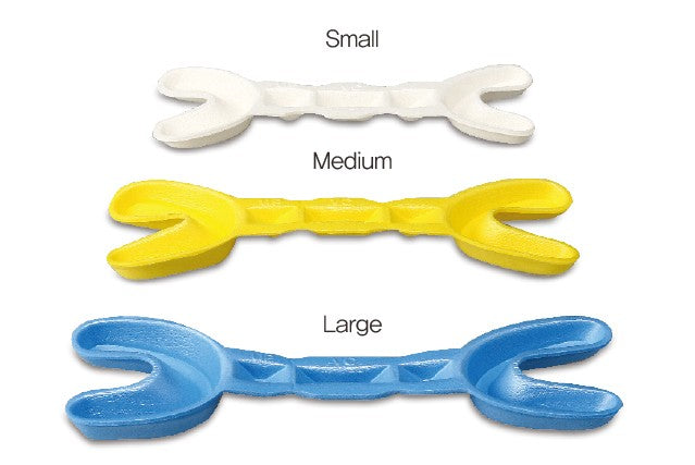 Vericom Eazitray disposable trays: Small (white), Medium (yellow) and Large (blue)