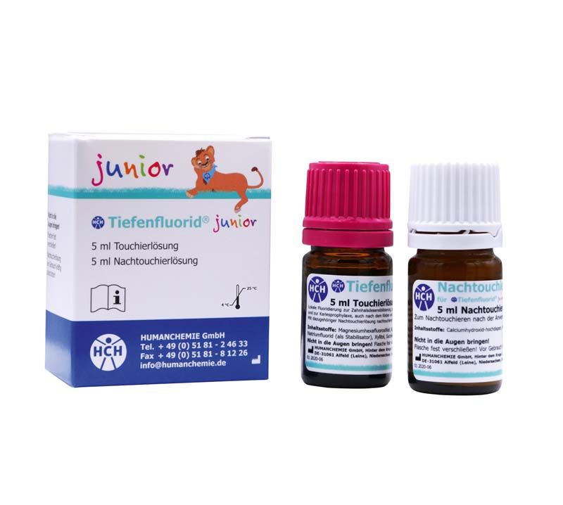 Humanchemie Tiefenfluorid junior 5 ml – aplikatsiooni- ja järellahus koos pakendiga